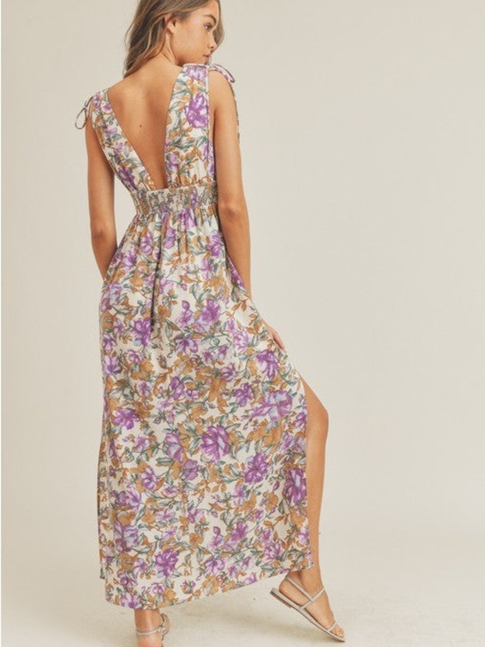 Lush Floral V-Neck Maxi Dress in Purple and Cream - Picture 6 of 7